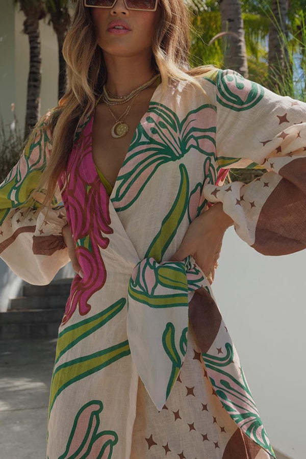 Tracey Linen Blend Unique Print Balloon Sleeve Tie-up Tunic Maxi Dress-consonak