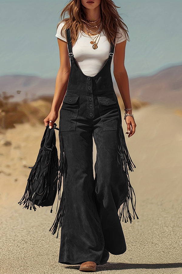 Stylish Suede Tassel Button Pocket Casual Wide-leg Overalls-consonak