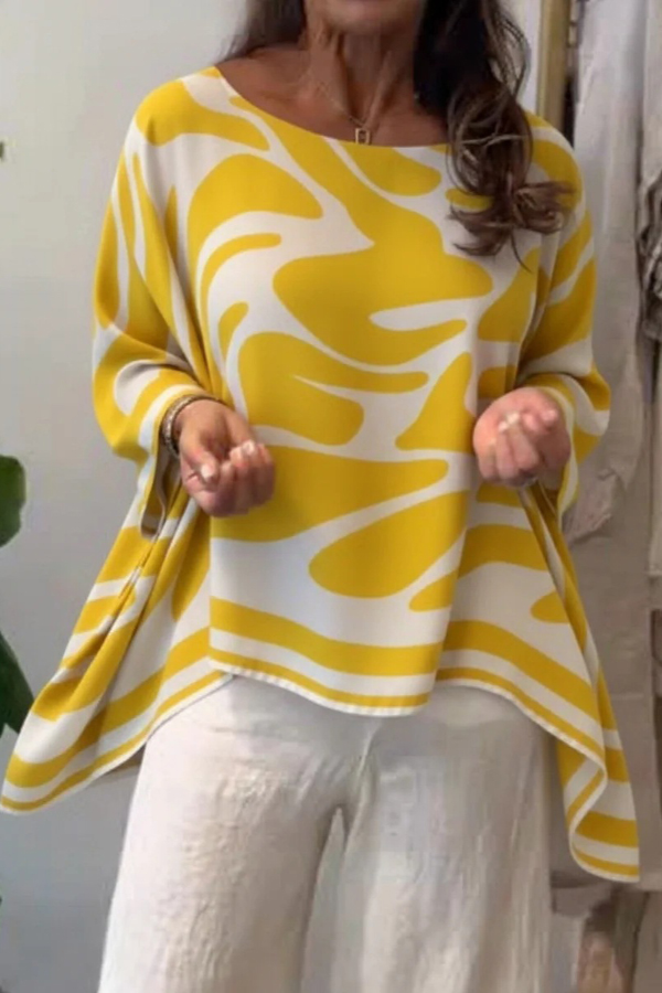 Irregular Print Round Neck Batwing Sleeve Chiffon Loose Top
