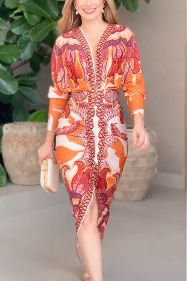 Brazilian Style Unique Print Dolman Long Sleeve Ruched Slit Midi Dress  Vestidos | Consonak