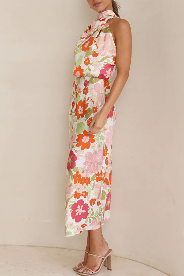 Fascinating Day Floral Halter Neck Elastic Waist Maxi Dress-consonak
