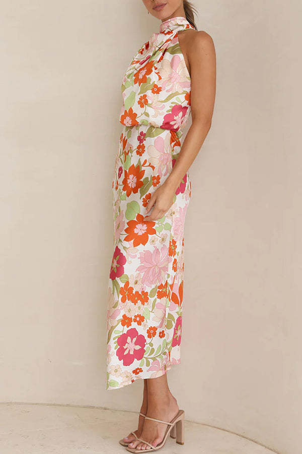 Fascinating Day Floral Halter Neck Elastic Waist Maxi Dress-consonak