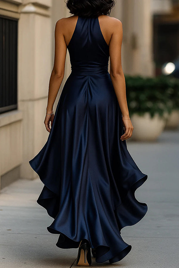 Solid Color Satin V-neck Sleeveless Elegant Ruffle Maxi Dress | Consonak