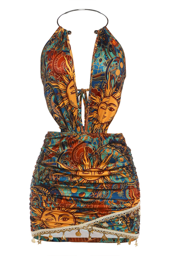 Unique Print Halter Neck Backless Tie Fitted Mini Dress-consonak