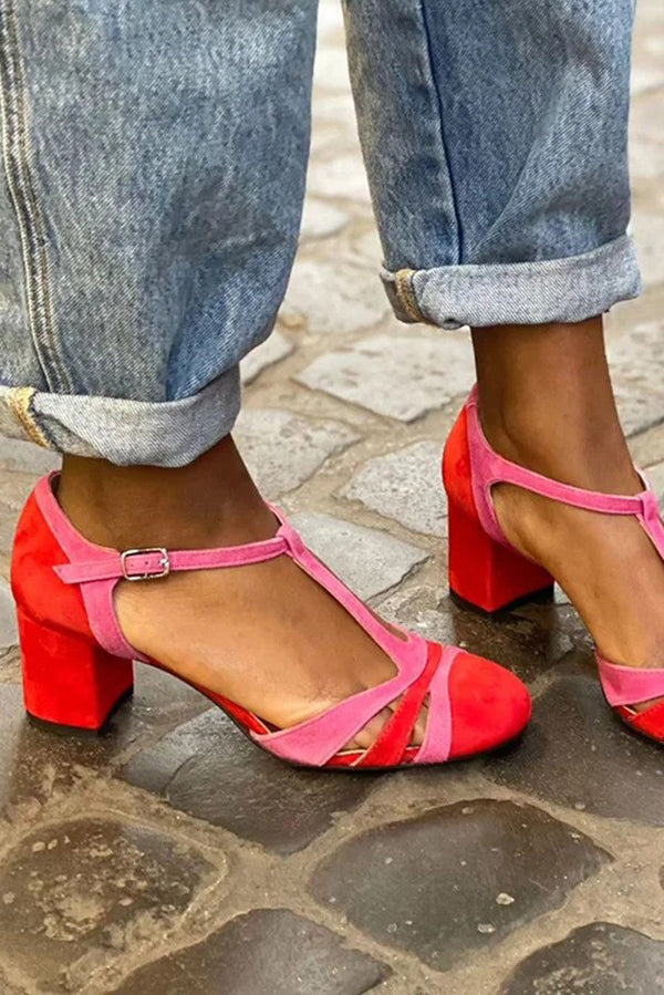 Color-blocked Faux Suede Chunky Heel Sandals-Consonak