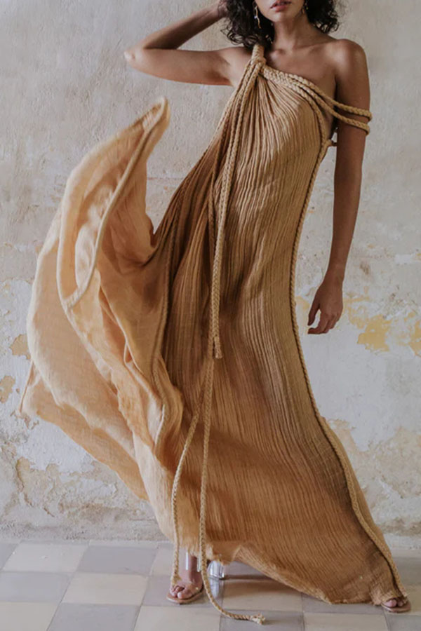 Khloe Linen Blend One Shoulder Draped Braids Cover Up Maxi Dress | Consonak