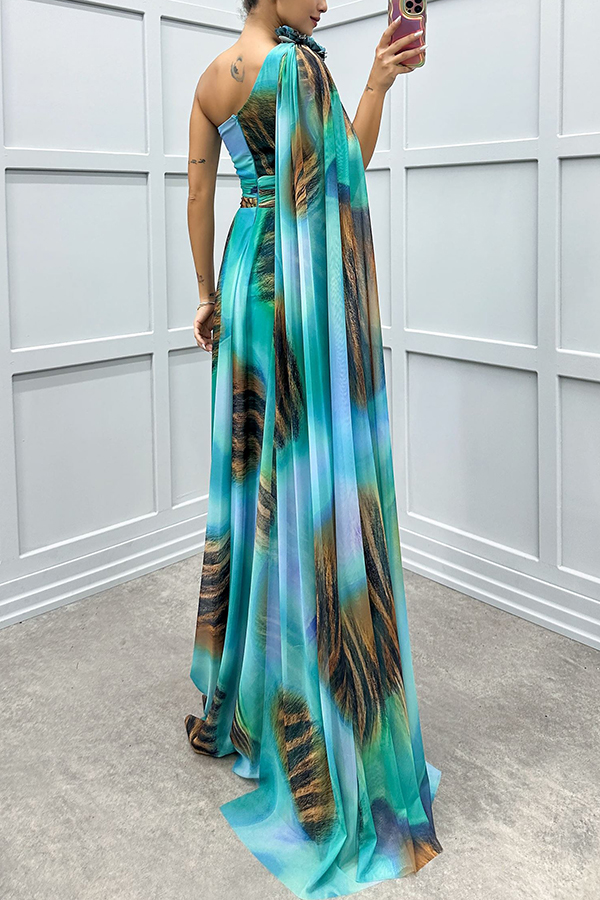 Lucia Unique Print Floral Detail One Shoulder Draped Sleeve Gown Maxi Dress | Consonak