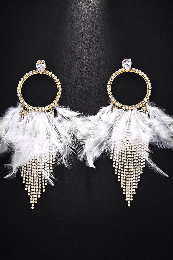 Rhinestone and Feather Tassel Earrings-Consonak