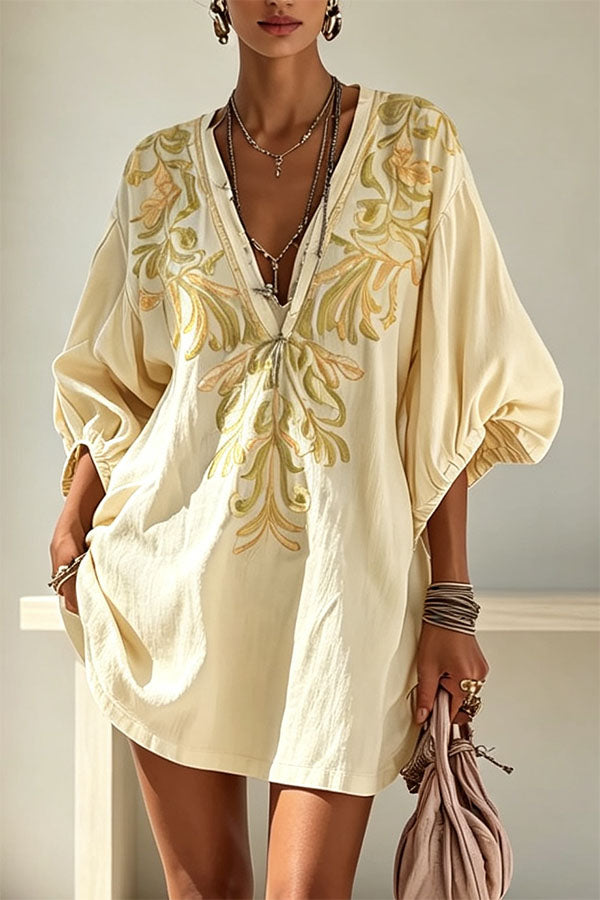 Gypsy Soul V-Neck Puff Sleeve Tunic Dress-Consonak
