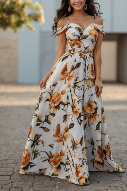 Floral Print Camisole Waist-cinching Elegant Maxi Dress-consonak