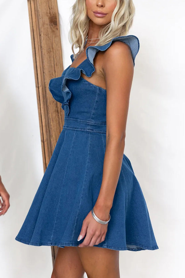 Sweet Secret Denim Square Neck Ruffle Sleeve Stretch Mini Dress-consonak