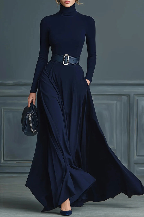 Solid Color High-neck Long-sleeved Elegant Slim-fit Maxi Dress-consonak