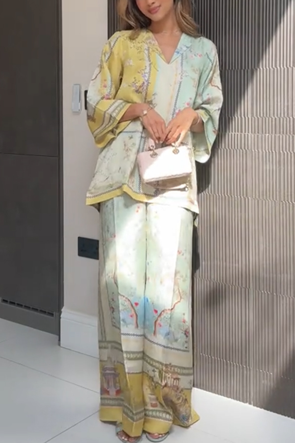 Elonie Satin Floral Print V-neck Half Sleeve Top and Elastic Waist Wide Leg Pants Set-consonak