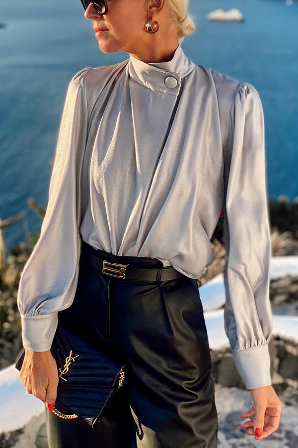 Falling for You Satin Button High Neck Lantern Sleeve Blouse-consonak