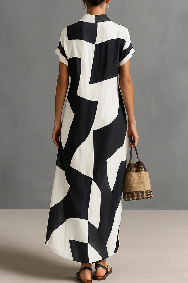 Geometric Color-blocked Print Lapel Short-sleeved Button-down Casual Maxi Dress