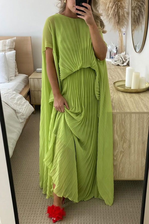 Spring Whispers Chiffon Pleated Wide Sleeve Volume Maxi Dress-consonak