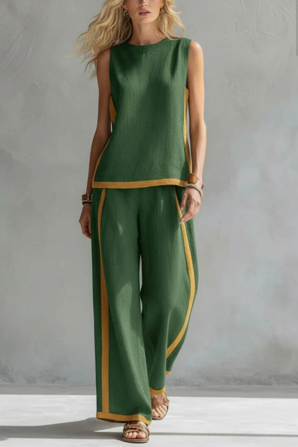 Linen Blend Color-blocked Round Neck Sleeveless Loose Top and Elastic Waist Casual Pocket Wide-leg Pants Set