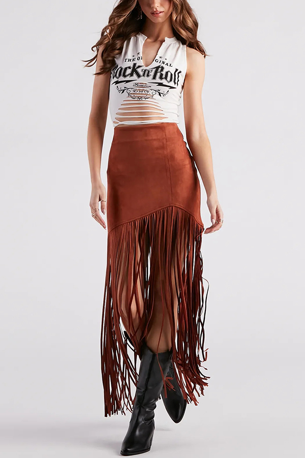 Stylish Tassel Hem Slim-fit Suede Casual Midi Skirt-consonak