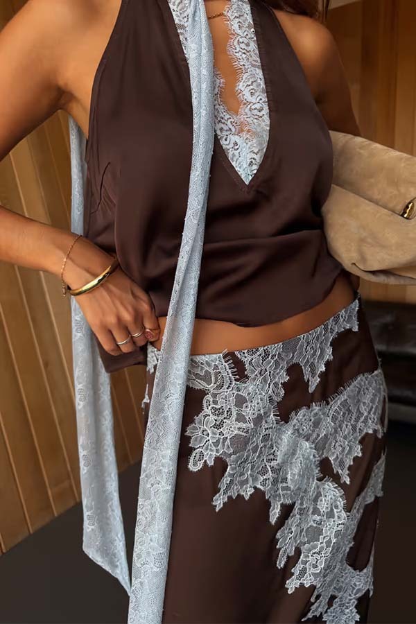 Sunday Social Contrast Color Satin Lace Trim Mid Rise Maxi Skirt-consonak