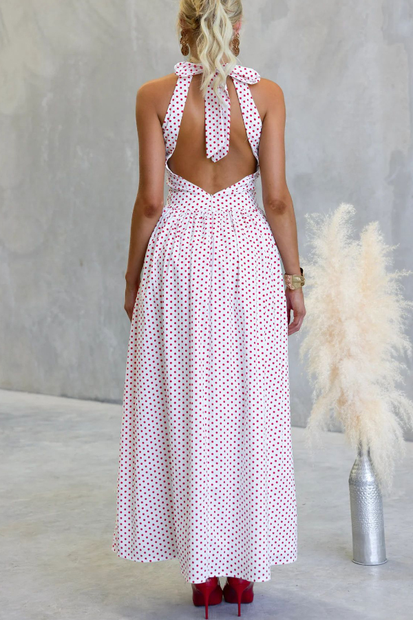 Polka Dot Print Halter Neck Fitted Waist Holiday Maxi Dress-consonak
