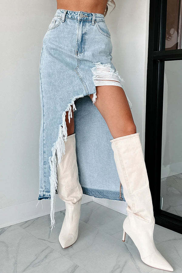 Darla Cutting Ties Heavily Distressed Denim Maxi Skirt-consonak