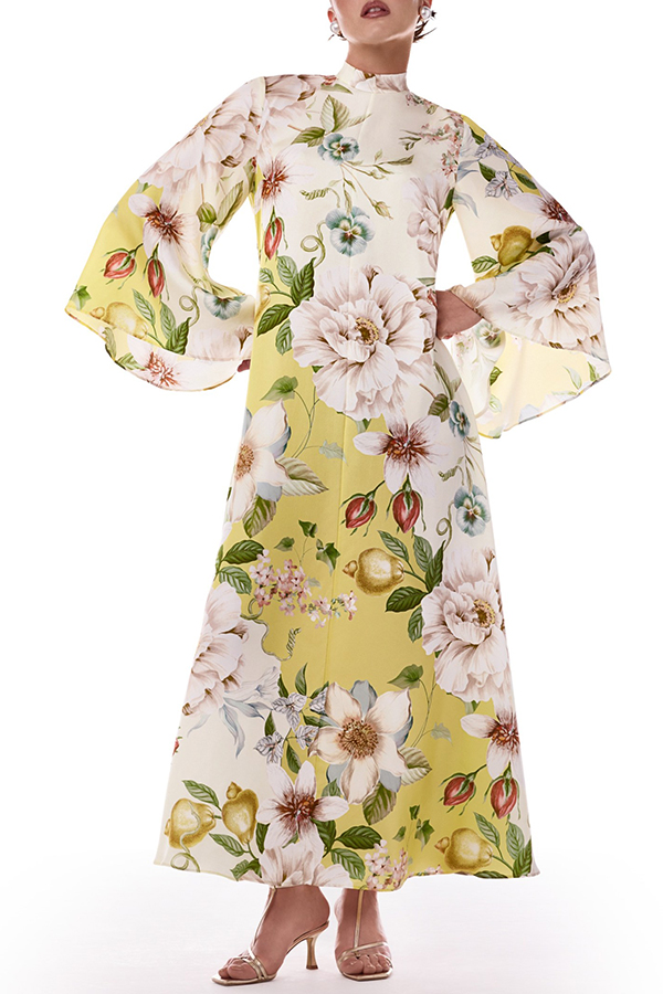 Serene Refinement Color-block Floral High Neck Long Sleeve Fluid Kaftan Maxi Dress