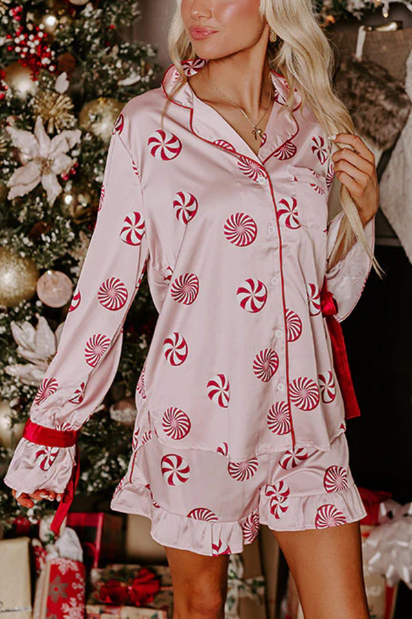 Sweet Glamour Satin Candy Print Velvet Trim Elastic Waist Pocketed Pajama Shorts Set | Consonak