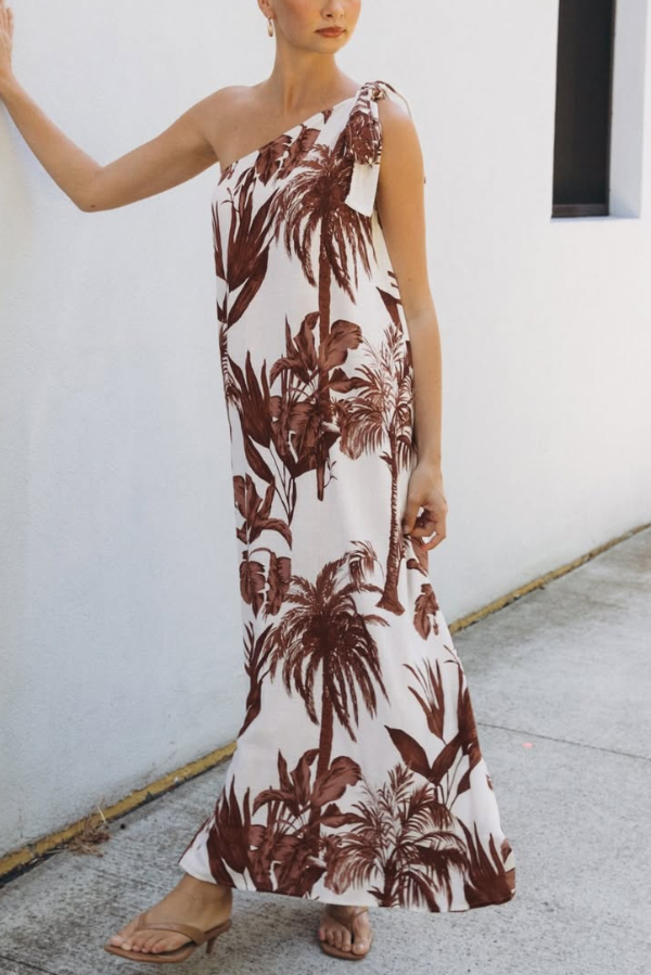 Botanical Print Sleeveless One-shoulder Casual Vacation Maxi Dress-consonak