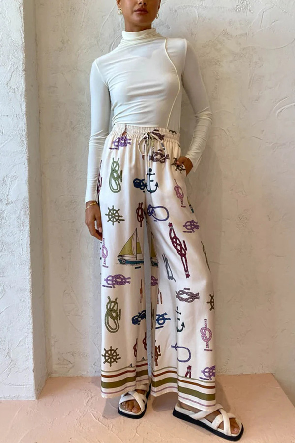 Sail Away Satin Unique Nautical Motifs Print Elastic Waist Pocketed Wide Leg Pants-consonak