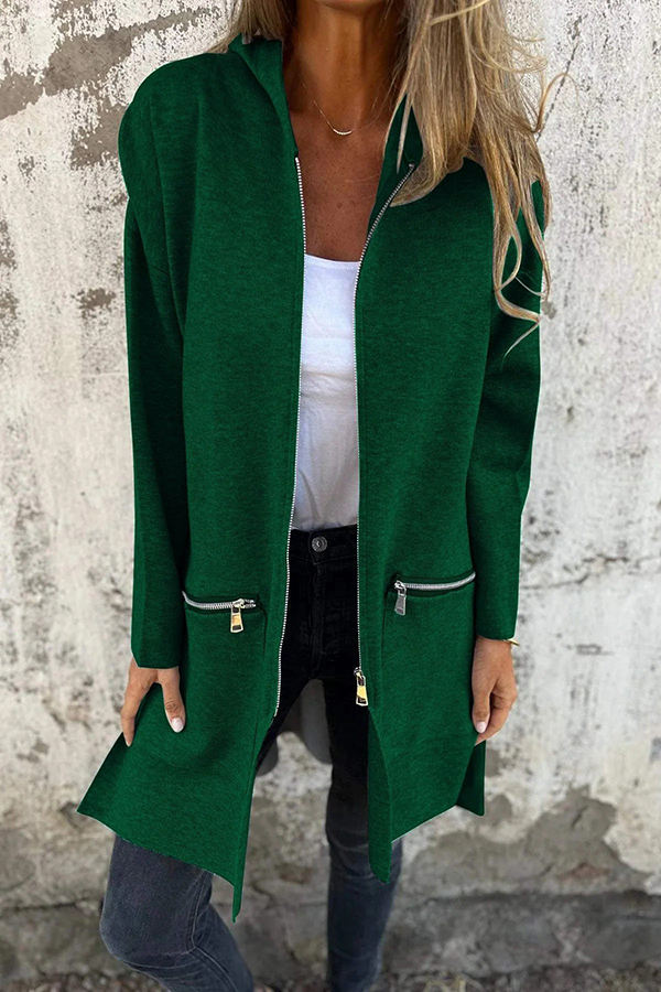 Solid Color Hooded Casual Zip Pocket Jacket-consonak