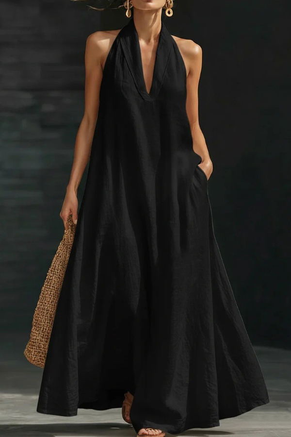 Linen Blend Solid Color Loose V-neck Pocket Casual Maxi Dress | Consonak