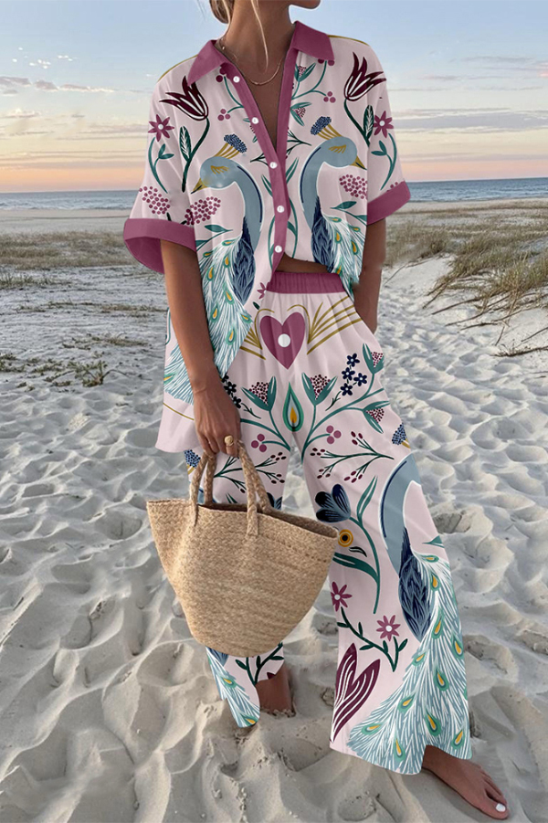 Green Peacock Print Oversized Shirt and Elastic Waist Pocket Pants Set-consonak