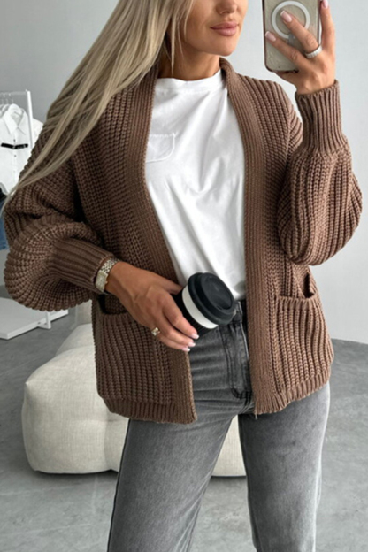Solid Color V-neck Long-sleeved Casual Knitted Cardigan-consonak