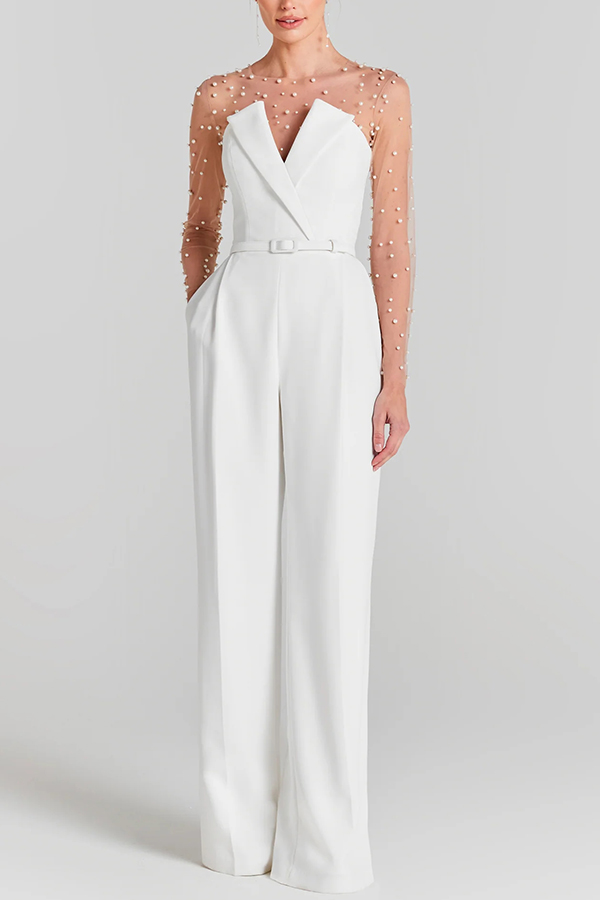Romantic Mesh Pearl Embellished Long Sleeve Stretch Bodysuit | Consonak