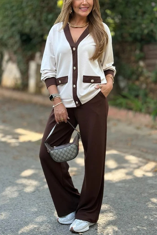 Stylish Color-blocked V-neck Knitted Button-down Cardigan and Elastic Waist Casual Wide-leg Pants Set-consonak