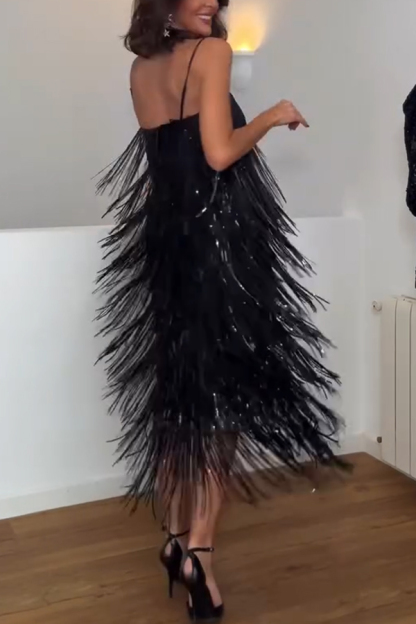 Chic Celebration Layered Sequined Tassels Slip Strapless H-line Midi Dress-consonak