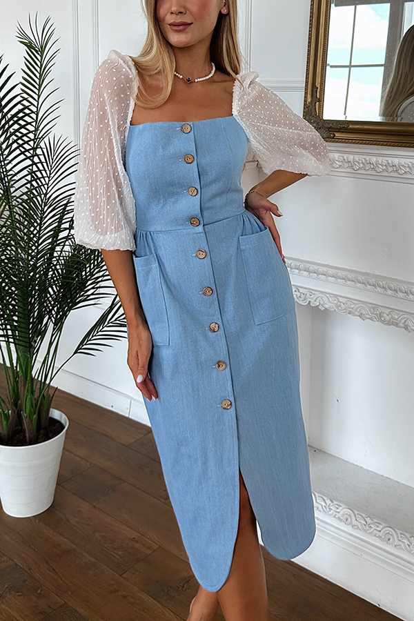 Briena Denim Square Neck Polka Dot Puff Sleeve Button Pocket Midi Dress-consonak