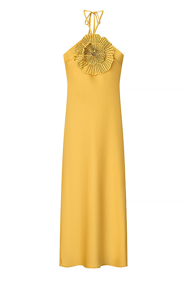 Fashionable Beaded Large Flower Decoration Halter Neck Backless Maxi Dress-consonak