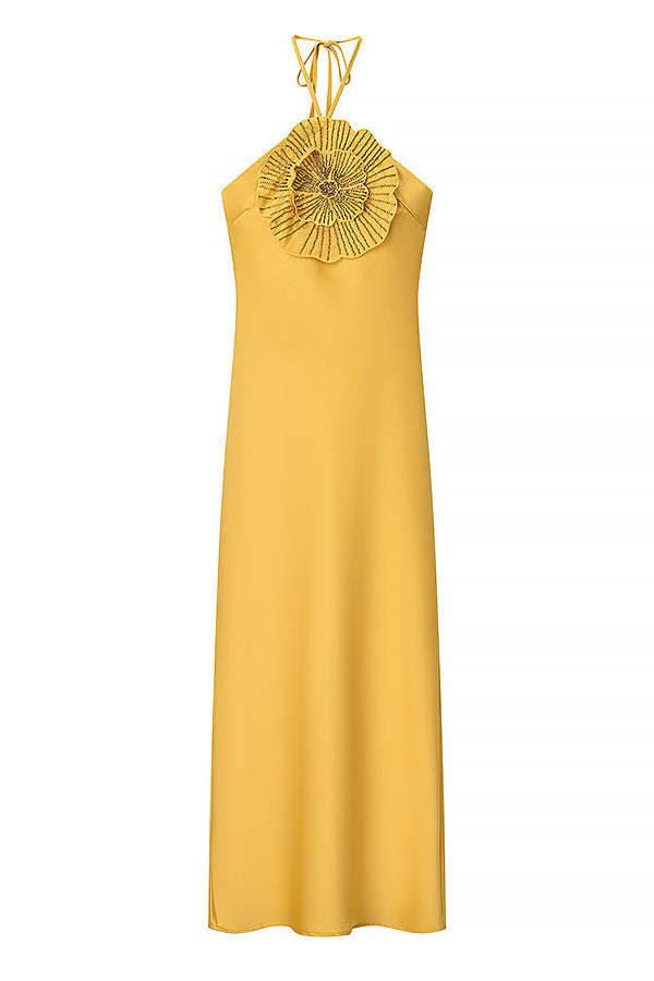 Fashionable Beaded Large Flower Decoration Halter Neck Backless Maxi Dress-consonak