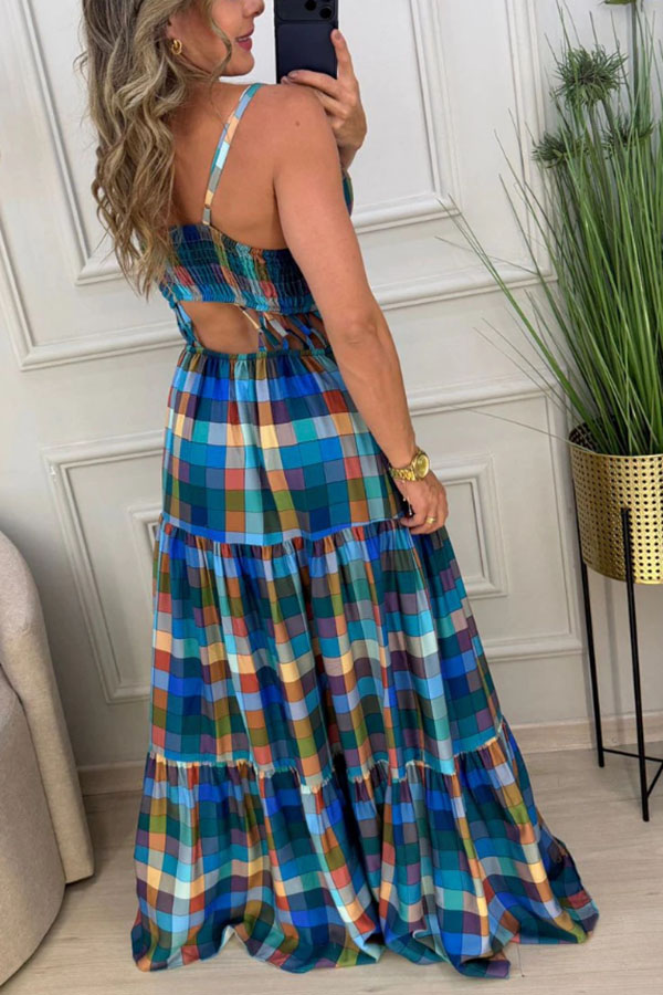 Modern Colorful Plaid Print Openwork Weave Detail Waist Back Smocked Maxi Dress
