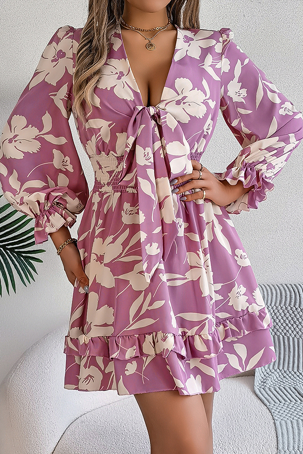 Floral Print V-neck Lace-up Long-sleeve Elastic Waist Mini Dress-consonak