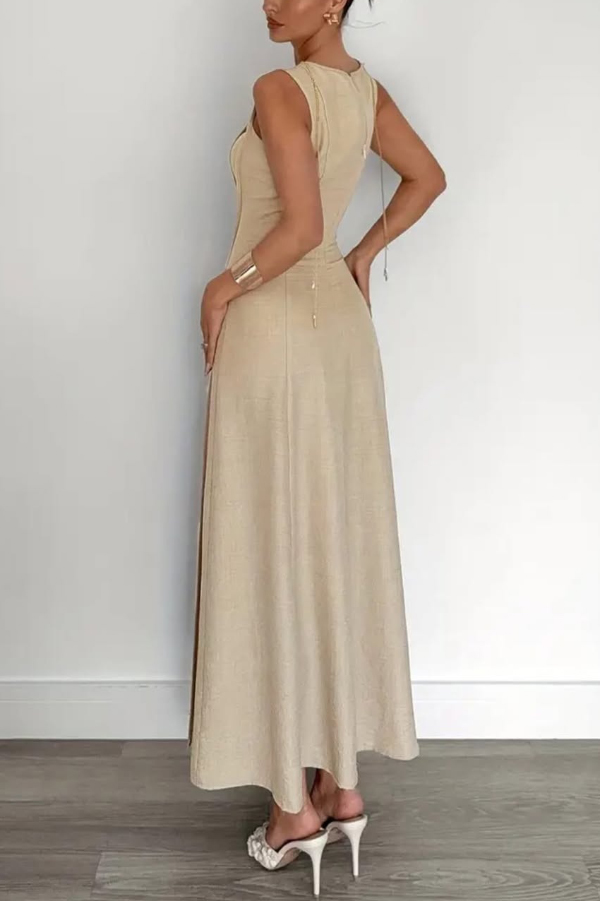 Solid Color Round Neck Sleeveless Elegant Pleated Casual Maxi Dress | Consonak