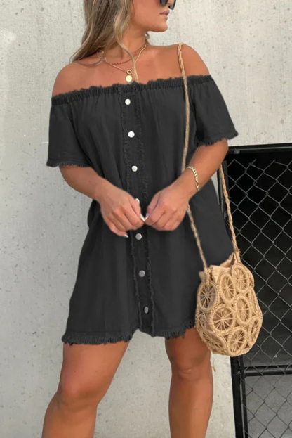 Fashionable Off Shoulder Short-sleeved Loose Denim Mini Dress-consonak