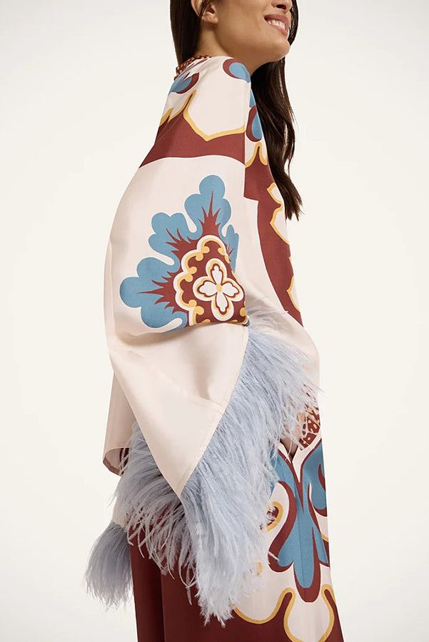 Bohemian Dreams Unique Print High Neck Feather Trim Bell Sleeve Top-Consonak