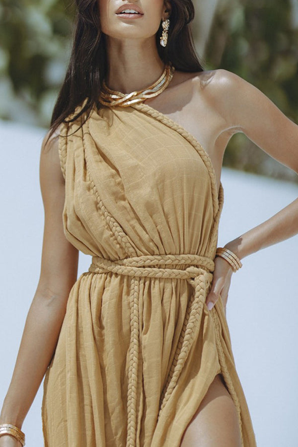 Avani Linen Blend Draped Braids One Shoulder Slit Cover Up Maxi Dress | Consonak