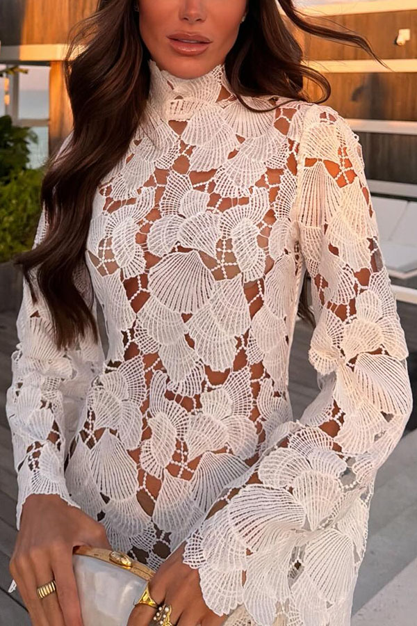 Tropica View Crochet Lace Seashell High Neck Long Bell Sleeve Mini Dress-consonak