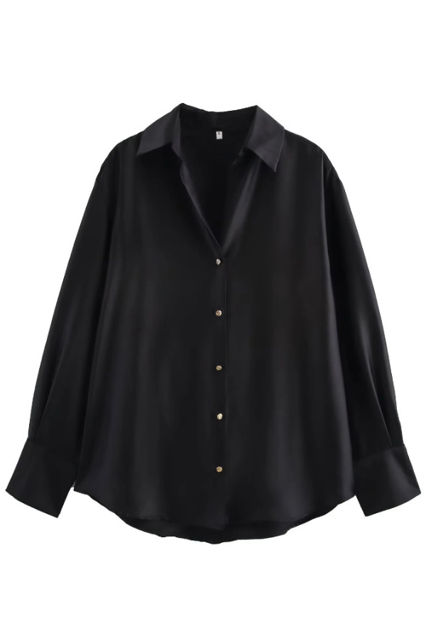Solid Color Silk Satin Texture Single-breasted Long-sleeved Loose Shirt