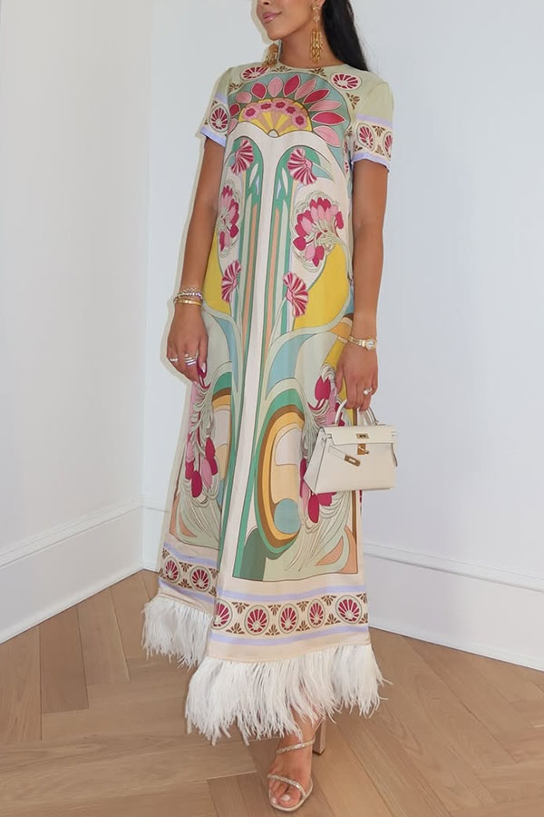 Jazlynn Satin Colorful Baroque Style Printed Short Sleeve Feather Trim Maxi Dress | Consonak