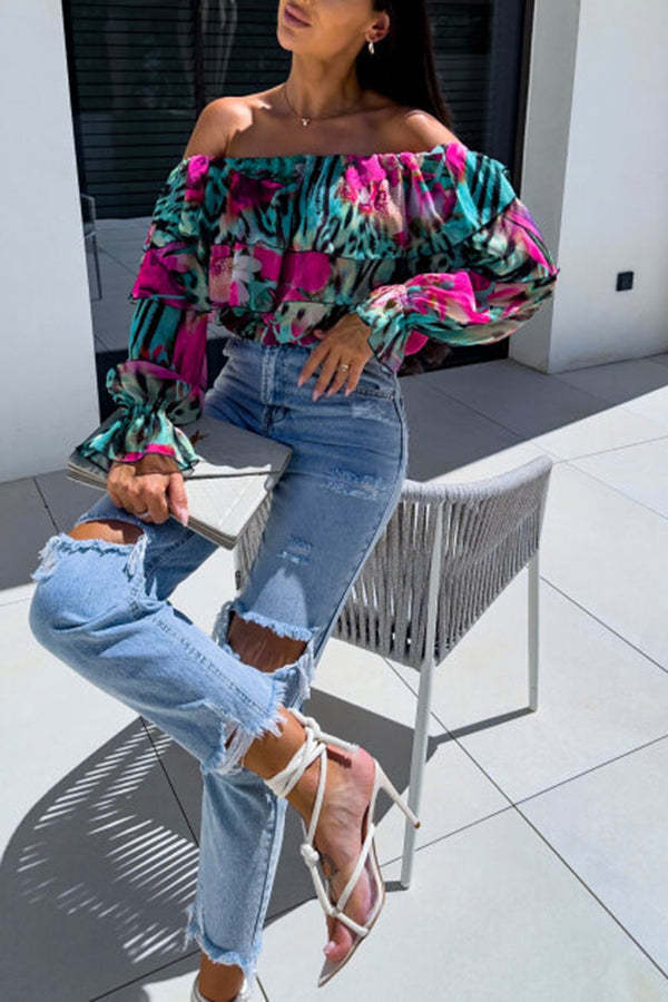 Colorful Botanical Print Sexy Off-shoulder Ruffle Top-consonak