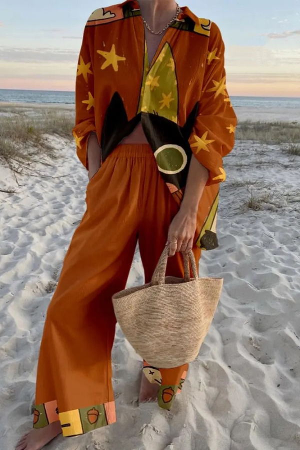 Star and Kitten Print Oversized Shirt and Elastic Waist Pocket Pants Set
